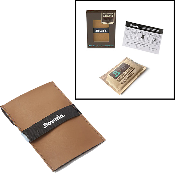 Boveda humidity control kit with pouch, packet, and instructions.