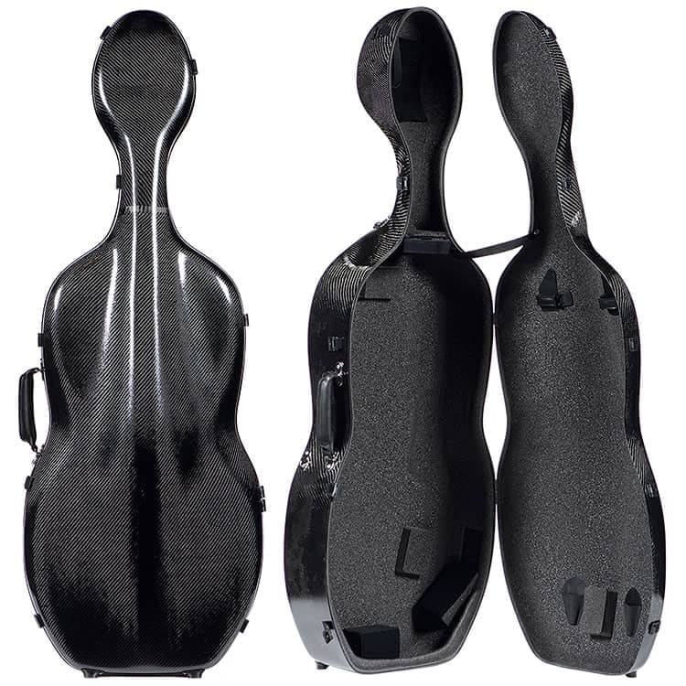 A-Case 3D Black 4/4 Cello Case, shown closed and open