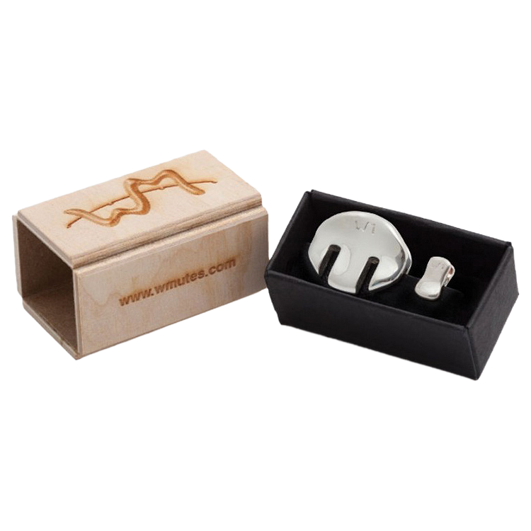 Violin mute set in a black box next to a wooden case with wmutes.com logo
