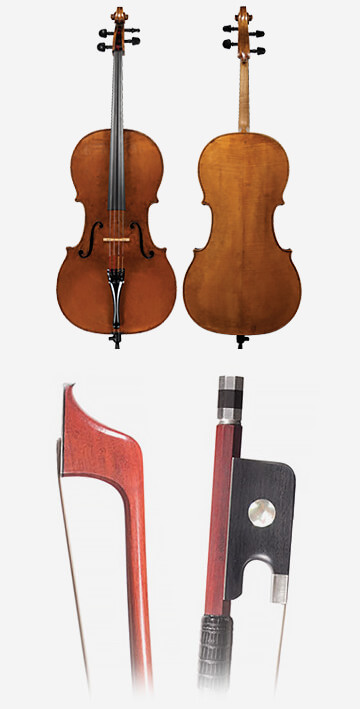 front and back images of a cello and a cello bow