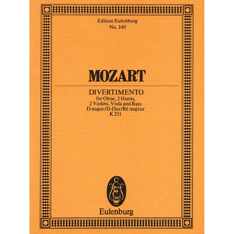Divertimento no.11, for Oboe, 2 Horns, 2 Violins, viola and Bass, D major, K.251 (study score); Mozart (Edition Eulenberg)