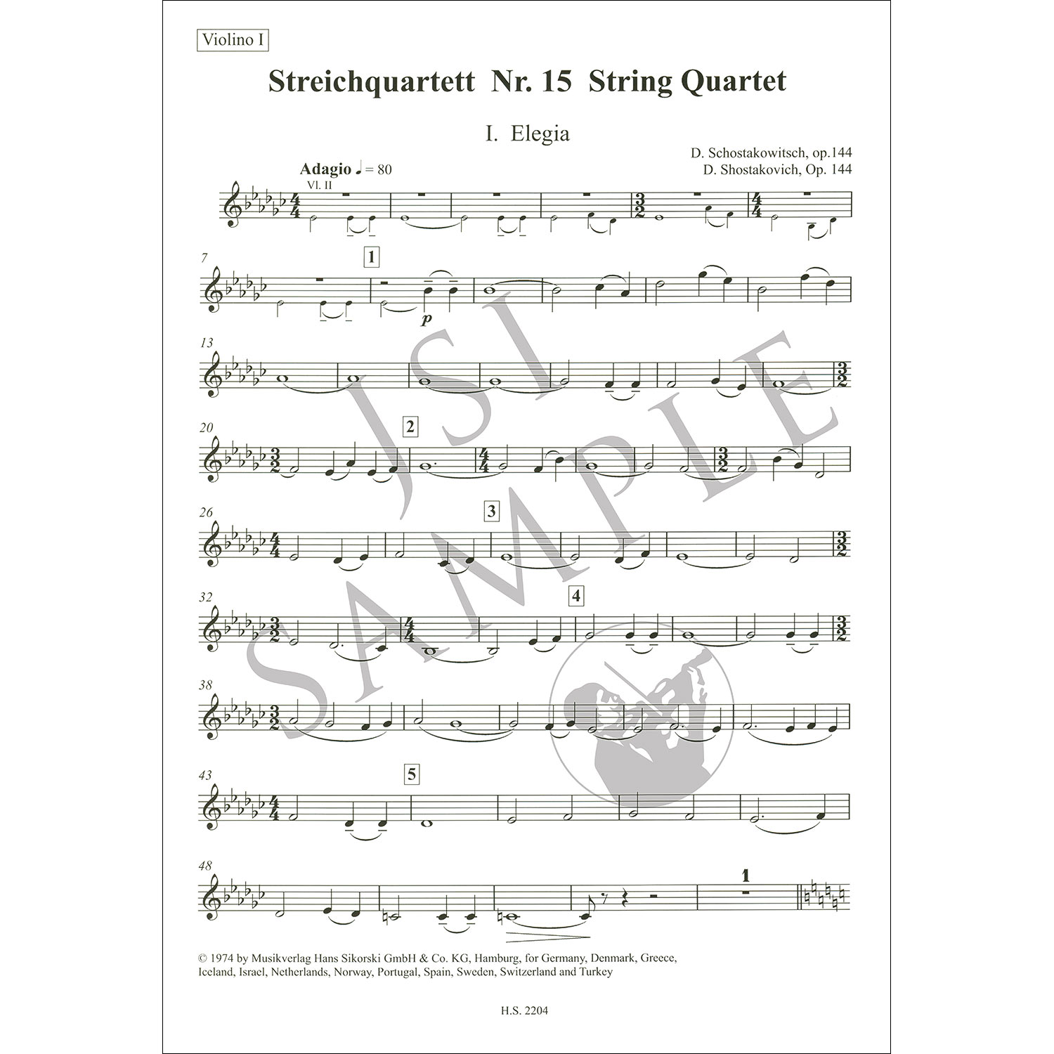 String Quartet, no.15, op.144, set of parts; Dmitri Shostakovich