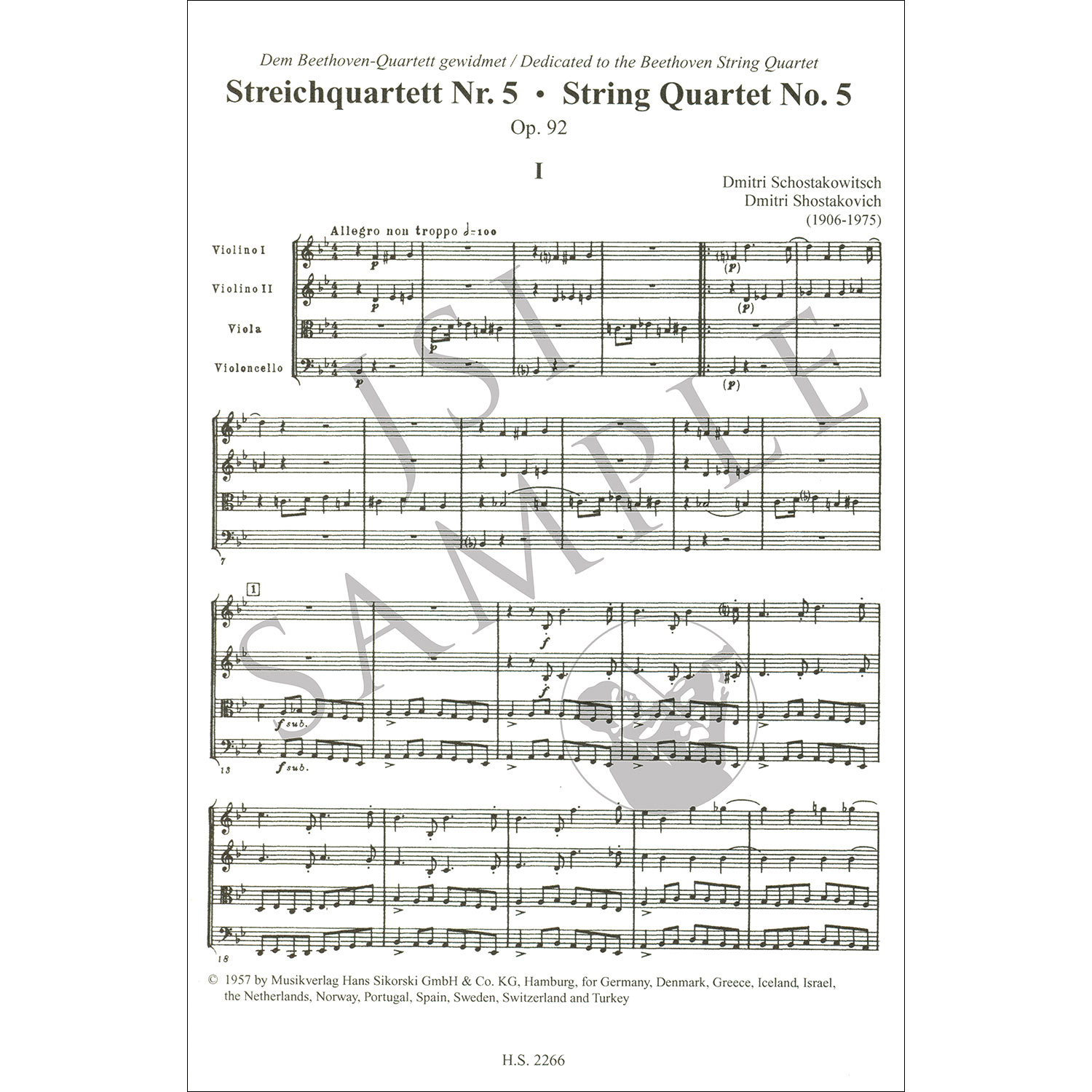 String Score String Quartets 5-8, opp. 92, 101, 108, 110, study scores; Dmitri ...
