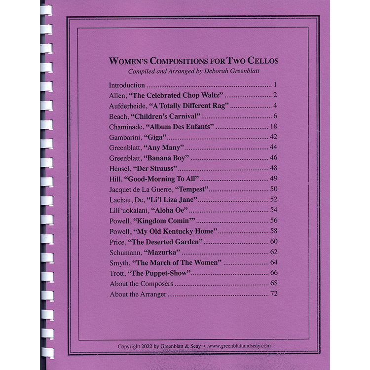 Women's Compostions for Two Cellos; Various Composers, Compiled and Arranged by Deborah Greenblatt (Greenblatt & Seay)