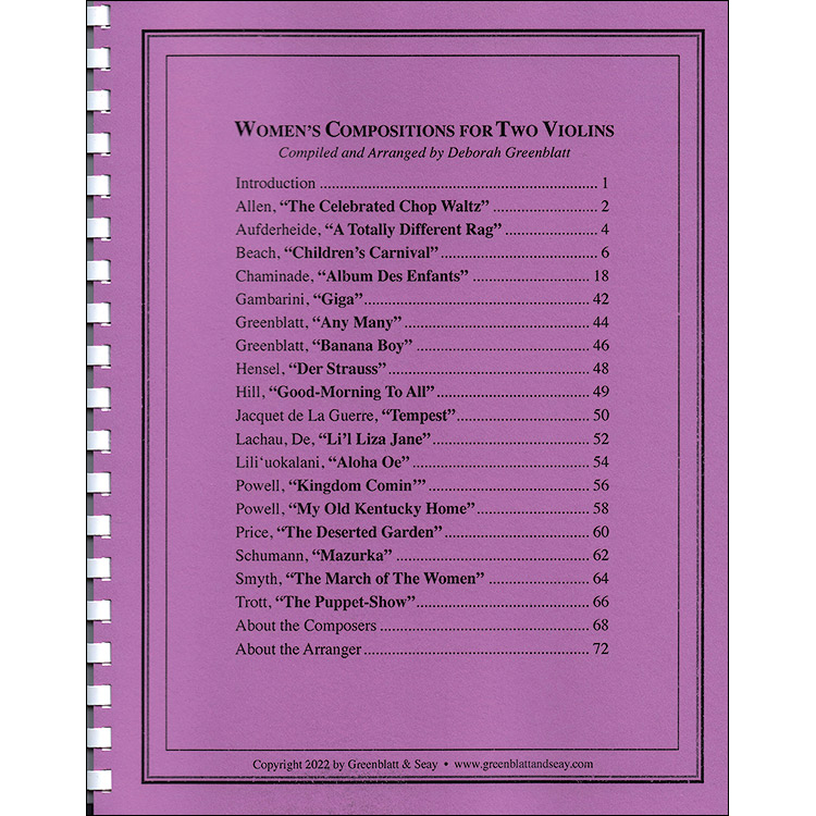 Women's Compostions for Two Violins; Various Composers, Compiled and Arranged by Deborah Greenblatt (Greenblatt & Seay)