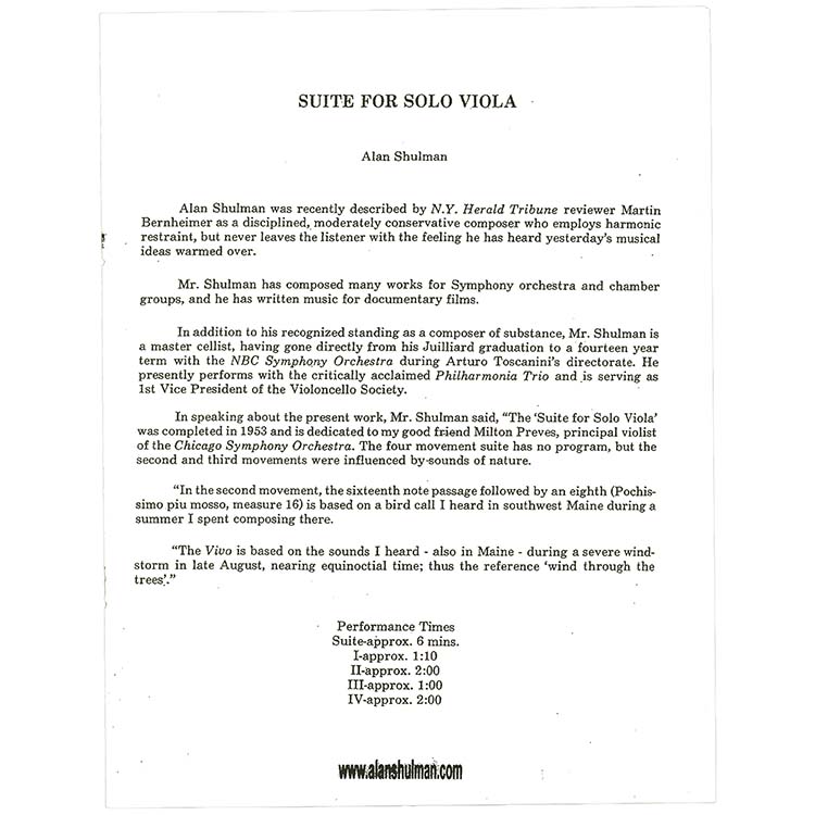 Suite for Solo Viola; Alan Shulman (Music of Alan Shulman)