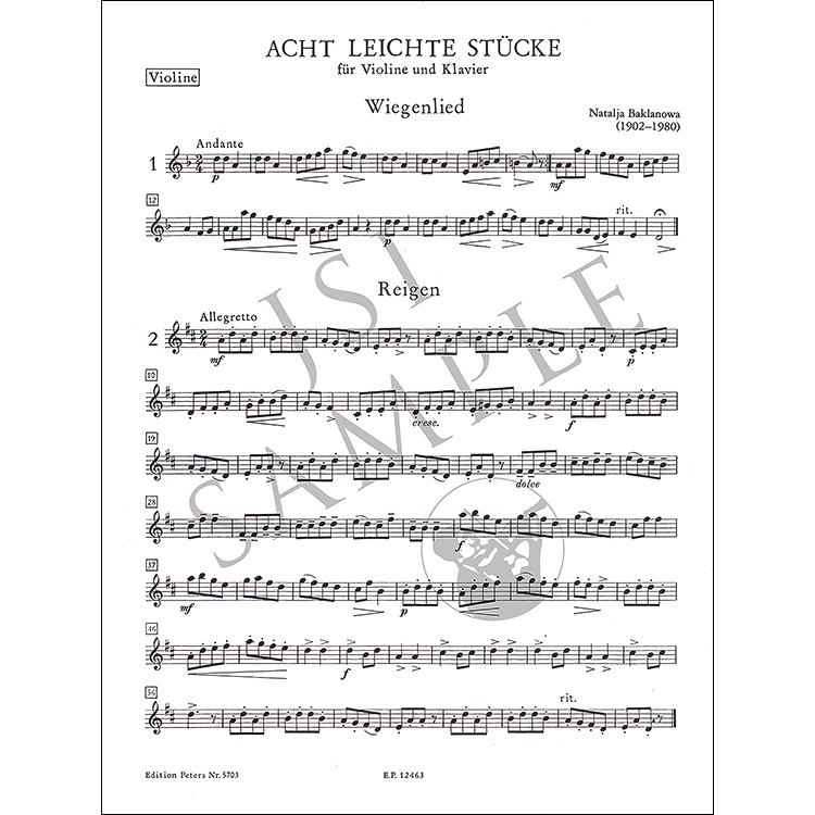 8 Easy Pieces for Violin and Piano; Natalya Baklanova (Peters ...