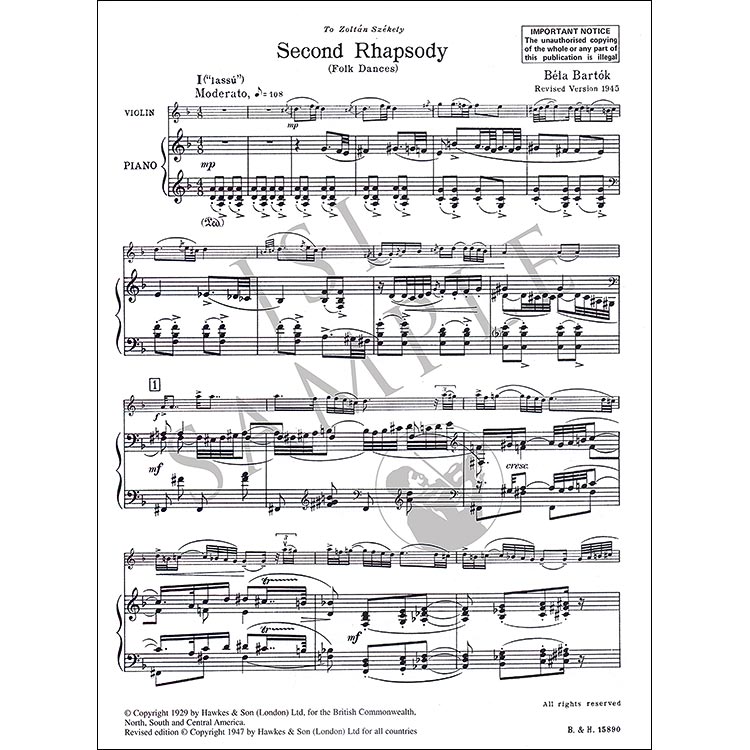Rhapsody No. 2, Sz. 89 for violin and piano; Bela Bartok
