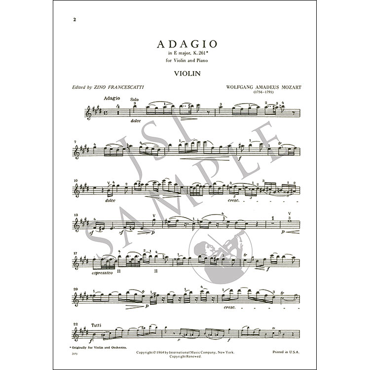 Adagio in E Major, K.261 for violin and piano; Wolfgang Amadeus Mozart ...