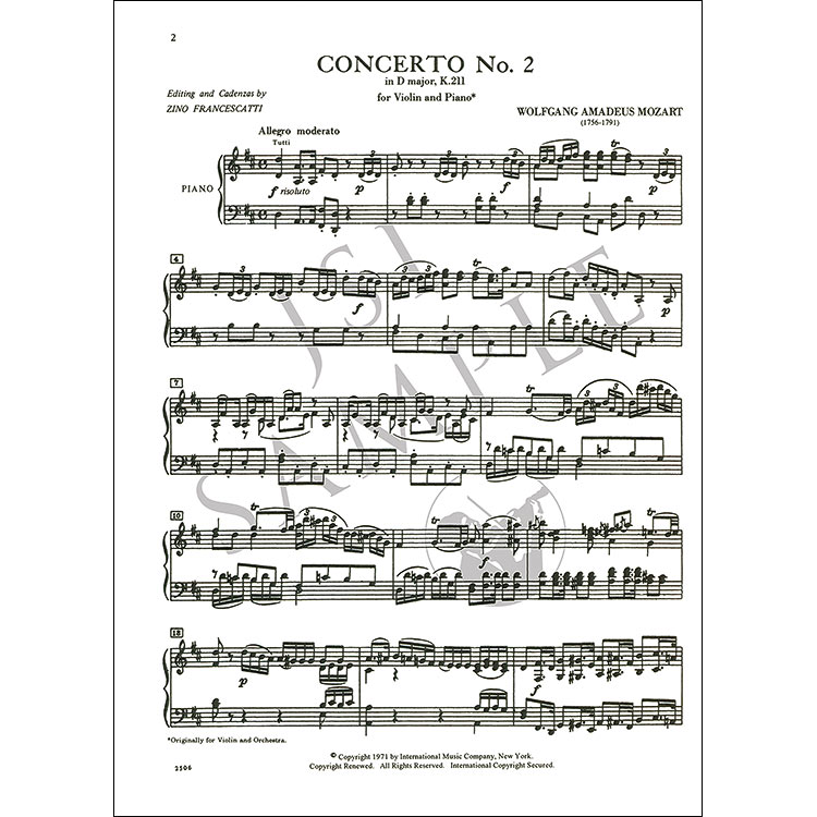 Concerto No. 2 in D Major, K.211, for violin and piano; Wolfgang