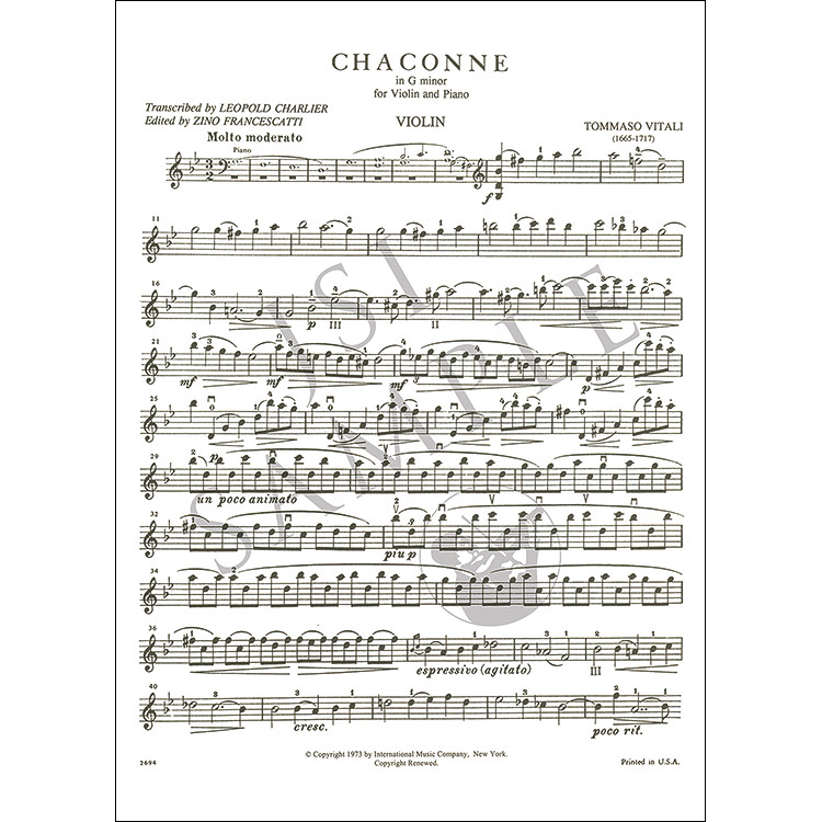 Chaconne in G Minor for violin and piano; Tomaso Antonio Vitali ...