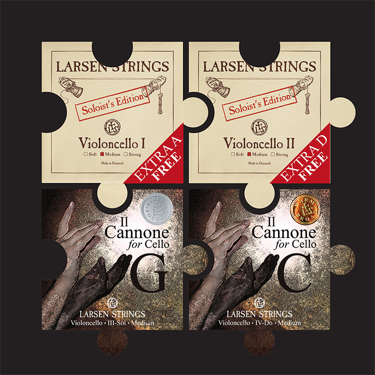 Larsen Soloist Campaign String Set: 2x Larsen Solo. A/D, 1x Il Cannone Direct & Focused G, 1x Il Cannone Warm & Broad C