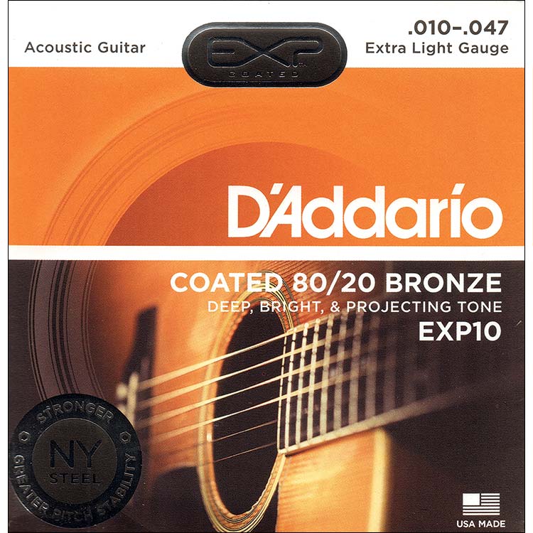 D'Addario EXP10 Coated 80/20 Bronze Acoustic Guitar String Set, Extra Light Gauge .010-.047