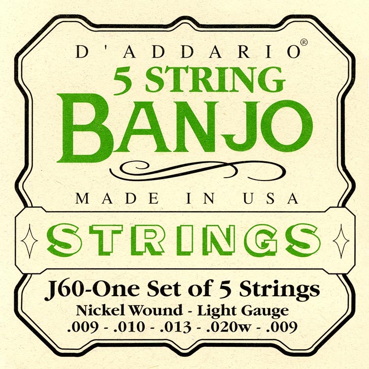D Addario EJ60 5 String Banjo Set Nickel Wound Light .009 .010 .013 .020w .009 Johnson String Instrument