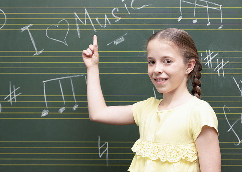 Young girl pointing to 'I love music' written on a chalkboard with musical notes.