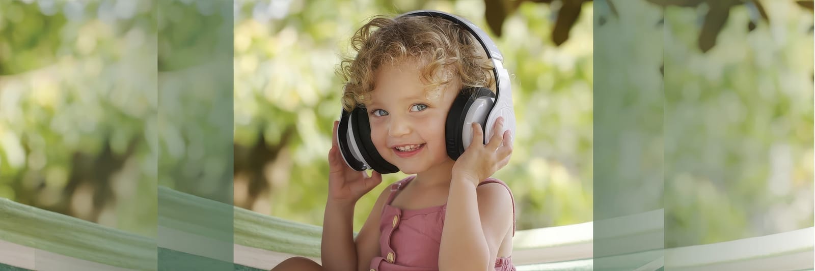 Smiling child in a pink dress wearing large headphones while sitting outdoors