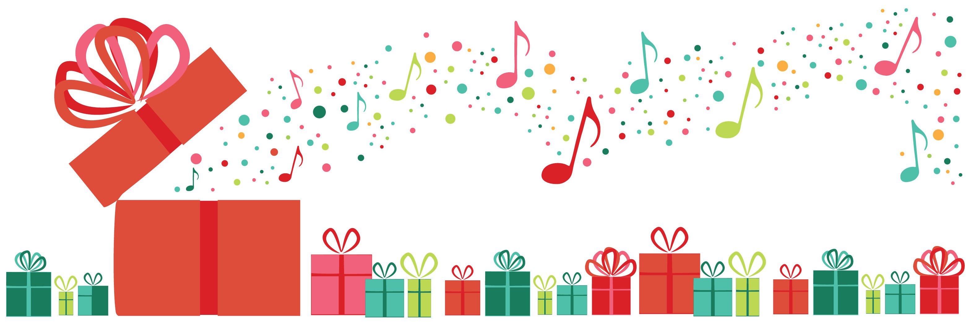 Open gift box with musical notes and confetti flowing out, surrounded by colorful wrapped presents