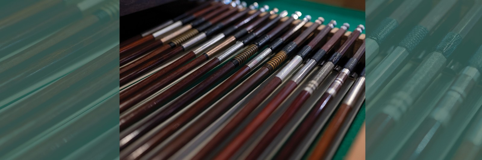 A selection of violin bows laid side by side