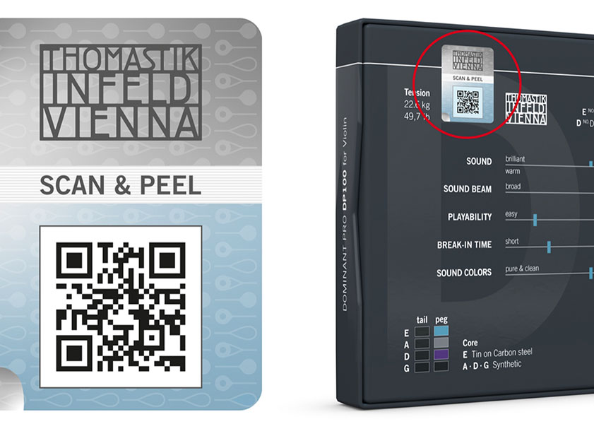 Product packaging with a QR code for Thomastik-Infeld Vienna violin strings.