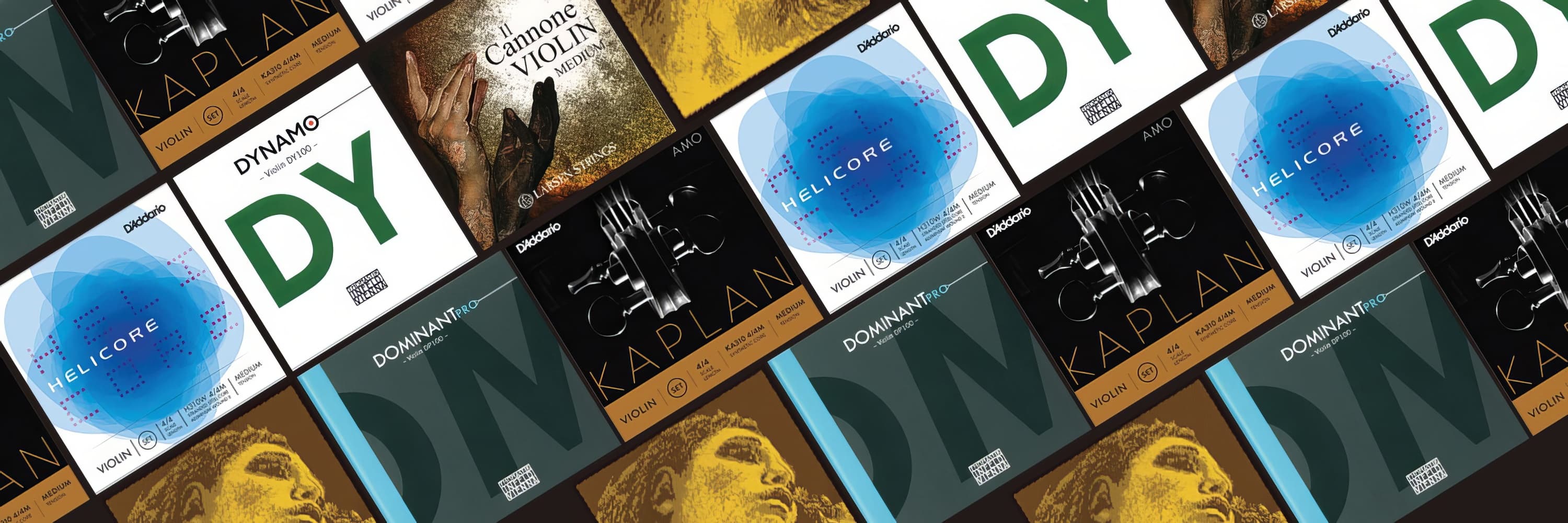 Assorted violin string packaging from brands like D'Addario, Larsen, and Thomastik-Infeld.