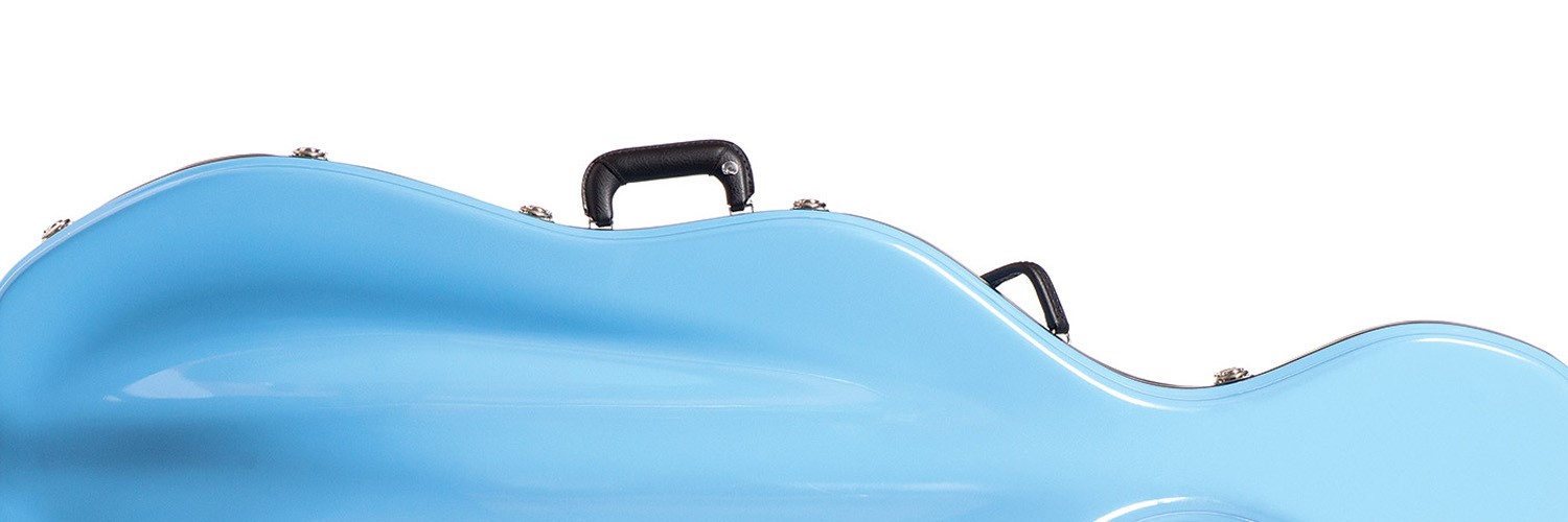 Light blue glossy cello case with black handles.