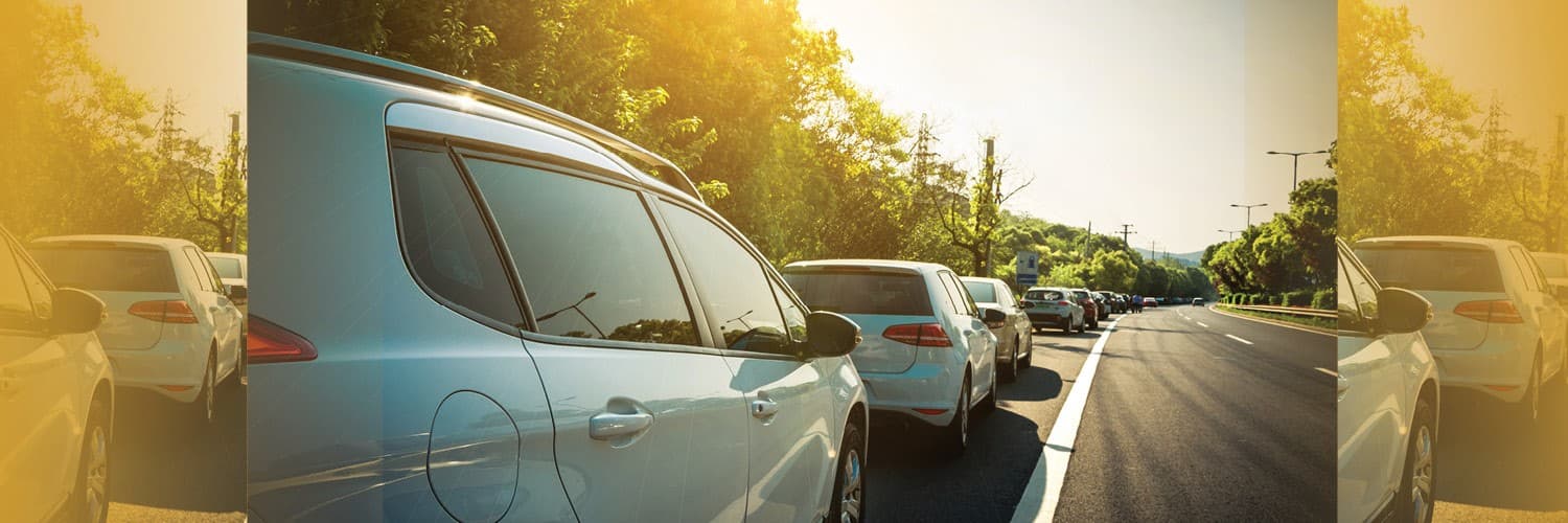 Cars lined up in traffic on a sunny road surrounded by trees