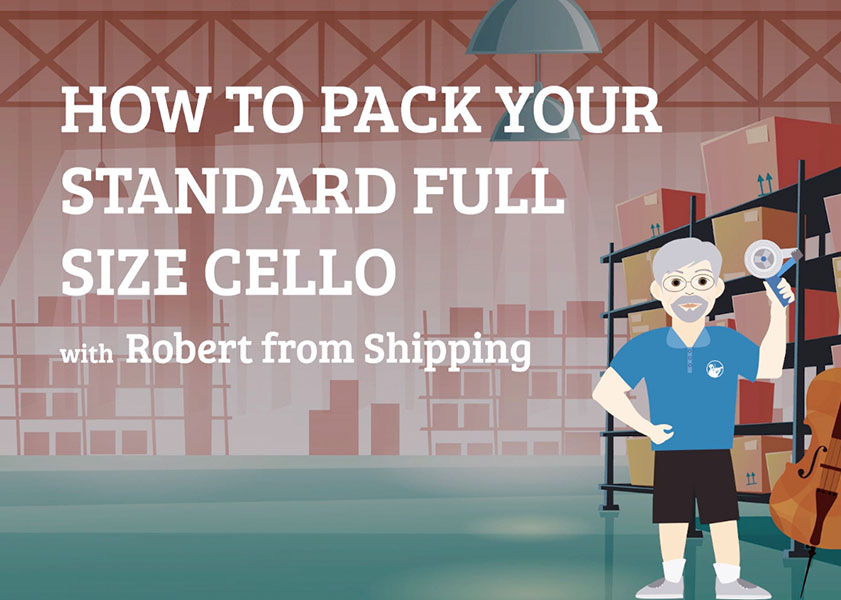 Illustration of a man in a warehouse with the text 'How to Pack Your Standard Full Size Cello with Robert from Shipping'