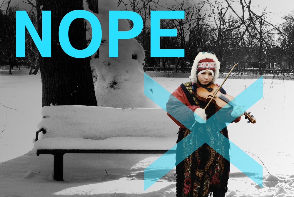 Photo of a child playing violin in winter with the word 