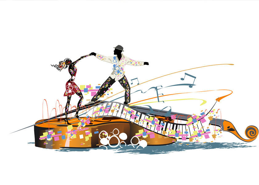 Silhouetted couple dancing on a vibrant abstract violin bridge with colorful music notes flowing around
