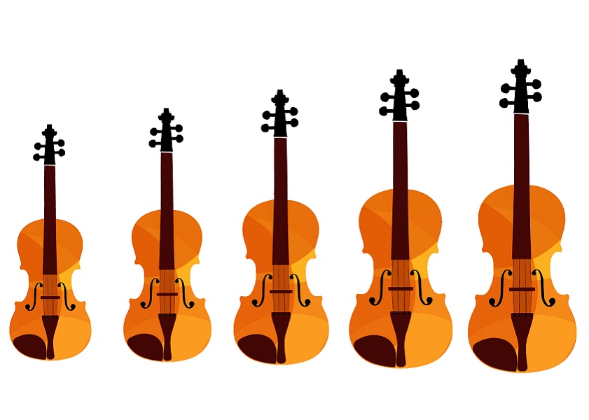 Illustration of five violins in different sizes
