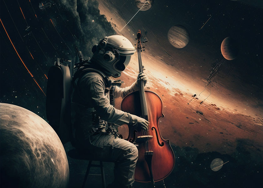Astronaut playing a cello in outer space with planets in the background.