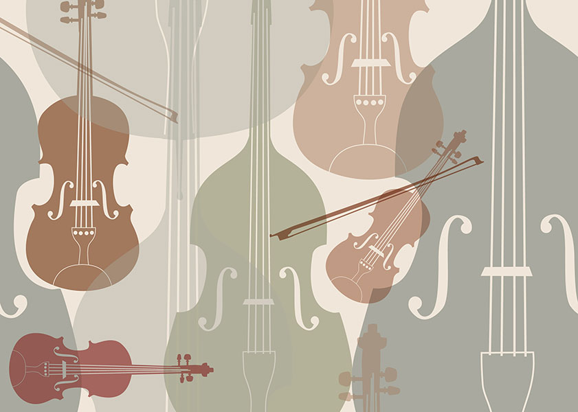 Silhouettes of violins and cellos in earthy tones overlapping.