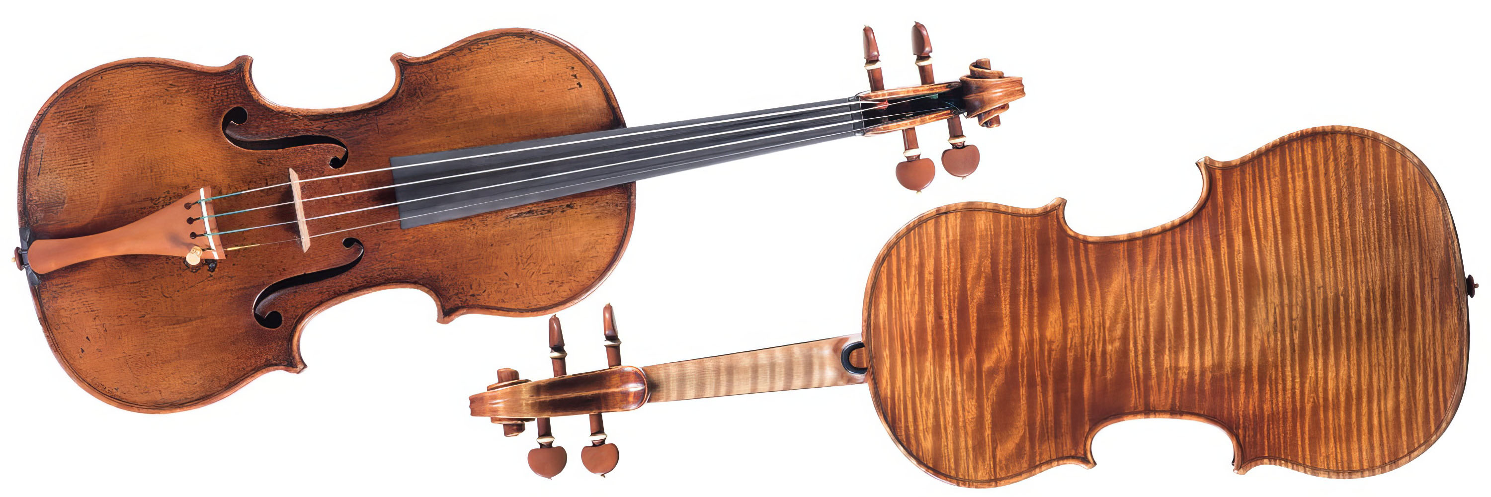 Two views of a vintage violin showing front, and back details.