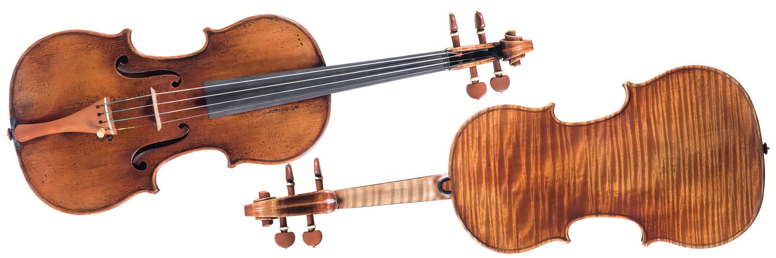 Two views of a vintage violin showing front, and back details.