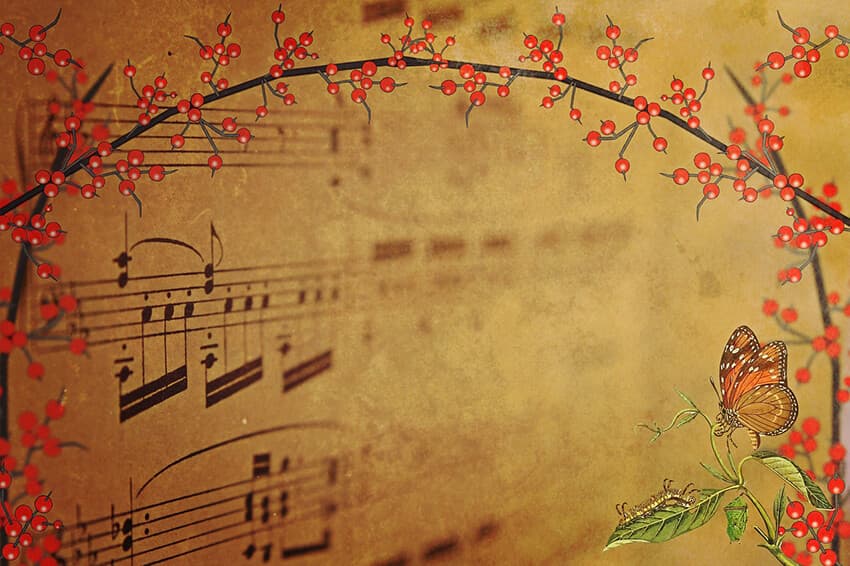 Vintage music sheet with red berries and a butterfly illustration.