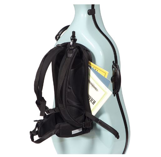A teal colored hard-shell cello case with a backpack attachment containing some sheet music