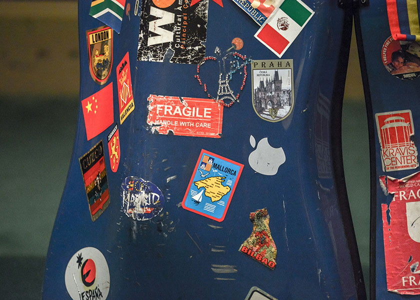 instrument cases covered with stickers