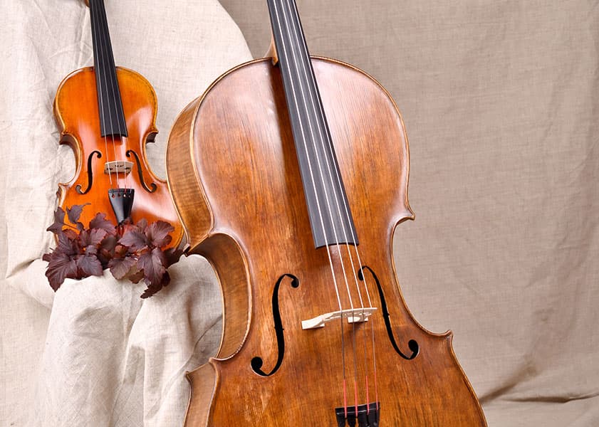 Violin and cello placed against a beige background