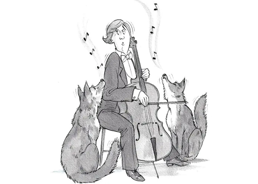 cartoon man plays cello while wolves howl