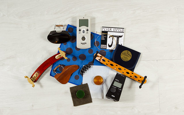 Top down view of violin accessories