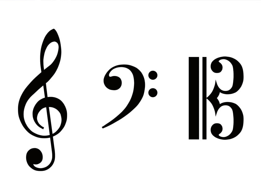 Treble, bass, and baritone clef symbols on a white background
