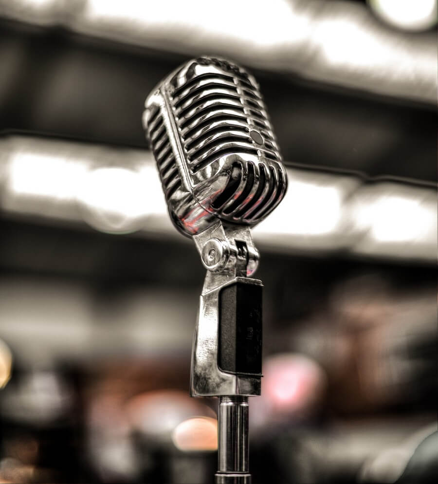 Closeup of a retro-style microphone with a blurred background.